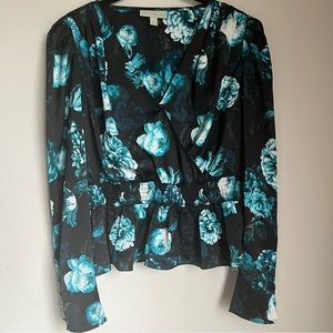 Ryegrass Womens Blue Floral V Neck Long Sleeve Peplum Top Size Large